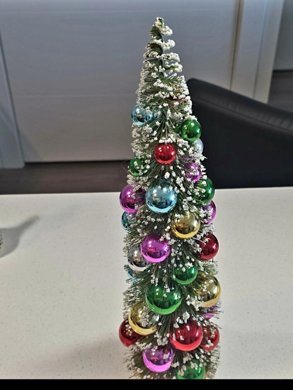 Festive Mini Green Bottle Brush Tree with Multi-Color Ornaments